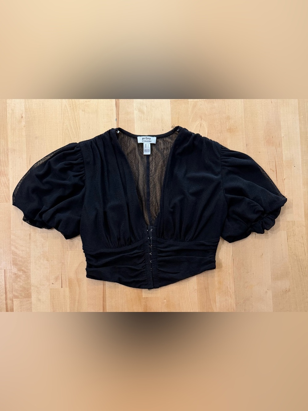 privy Black Puff-Sleeve Sheer Cropped Top